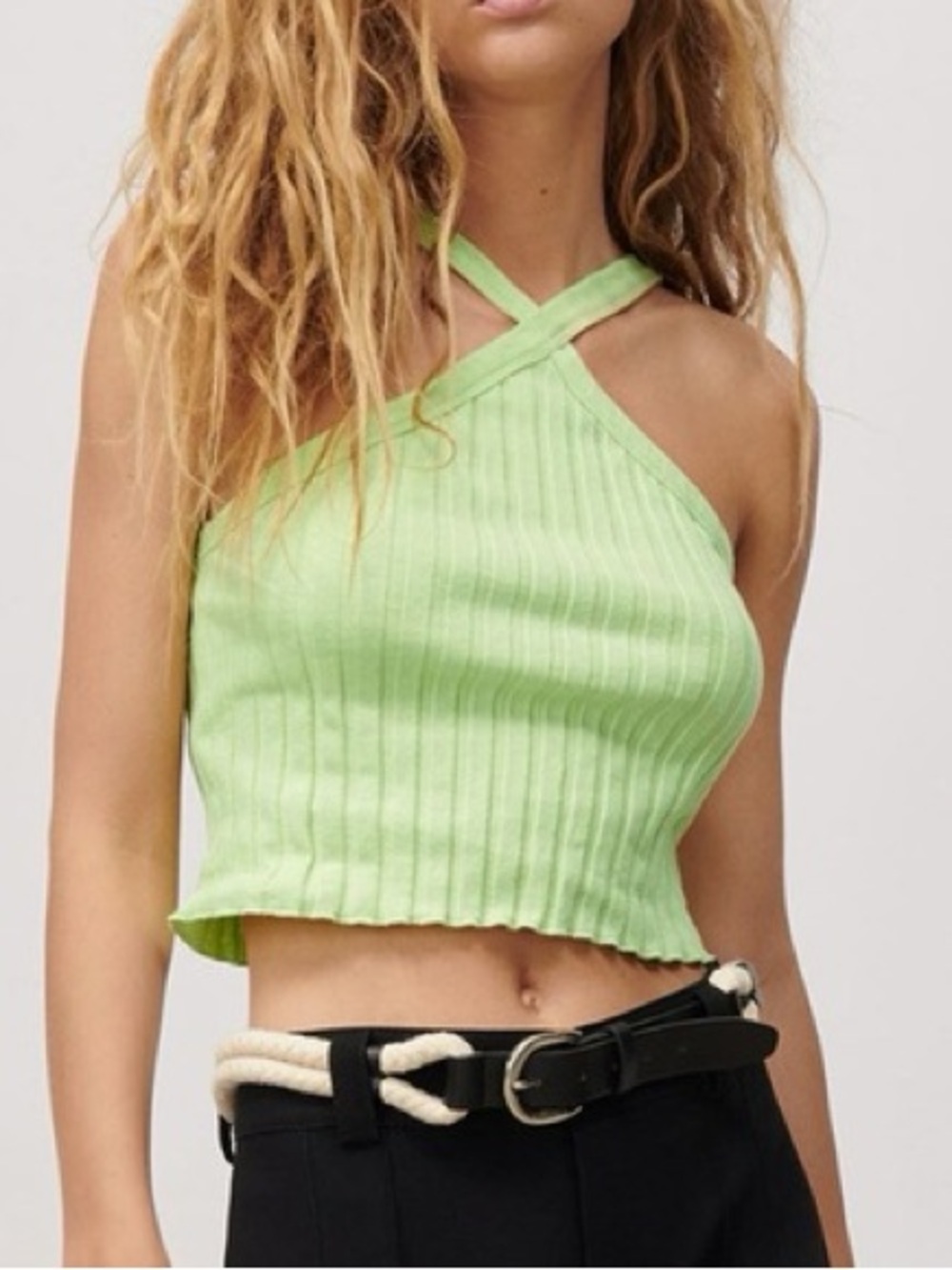 Zara Light Green Ribbed Cross-Back Halter Crop Top Size M